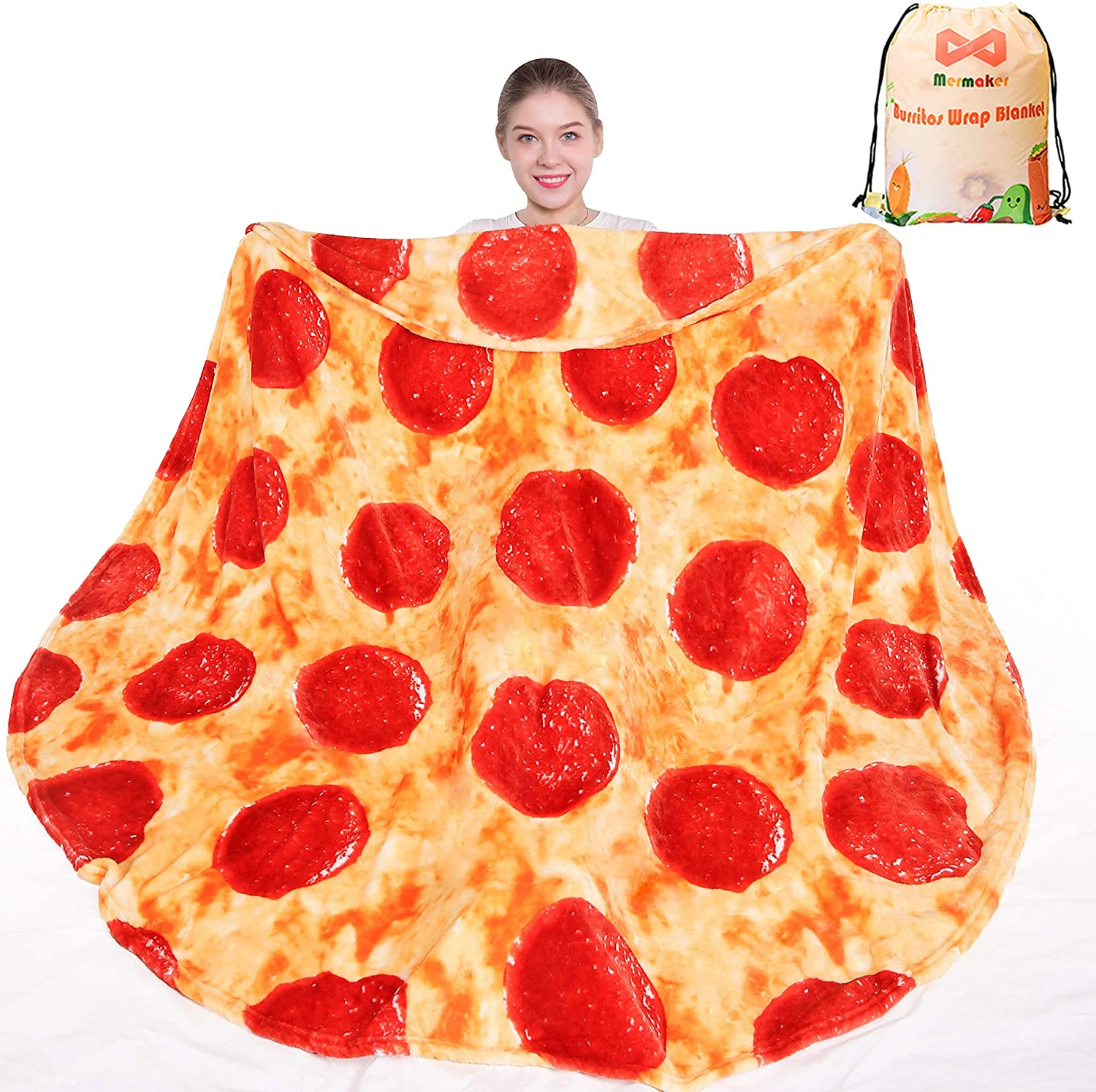 Mermaker Pepperoni Pizza Blanket 2.0 Double Sided 71 Inch for Adult and Kids, Pizza Blanket Adult Size, Realistic Food Blanket, 285 GSM Soft Pizza Blanket, Funny Gifts for Teenage Boys and Girls
