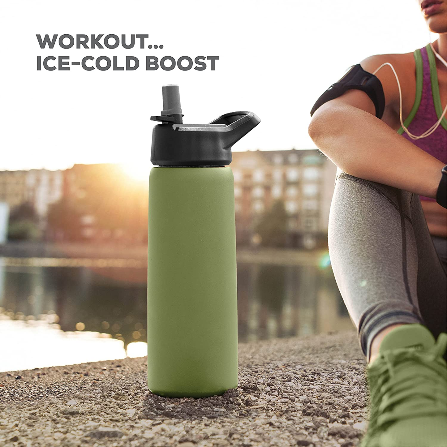 Triple-Insulated Stainless Steel Water Bottle with Straw Lid - Flip-Top Lid - Wide-Mouth Cap (25 Oz) Insulated Water Bottles, Keeps Hot and Cold - Sports Canteen Water Bottle Great for Hiking & Biking