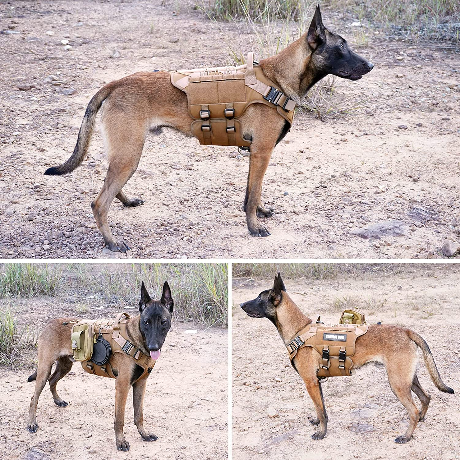 PETNANNY Tactical Dog Harness, Military Dog Harness for Medium Large Dogs, No Pull Service Dog Vest with Hook & Loop Panels, Working Dog Molle Vest for Training Hunting Walking(Khaki, Large)
