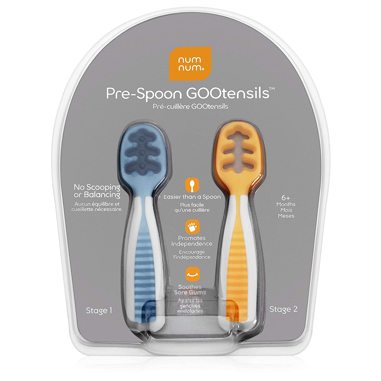 Baby Spoon Set (Stage 1 + Stage 2) | BPA Free Silicone Self Feeding Toddler Utensils | Pre-Spoon for Kids Ages 6 to 18 Months, 1-Pack, Two Spoons, Blue/Orange |  Gootensils
