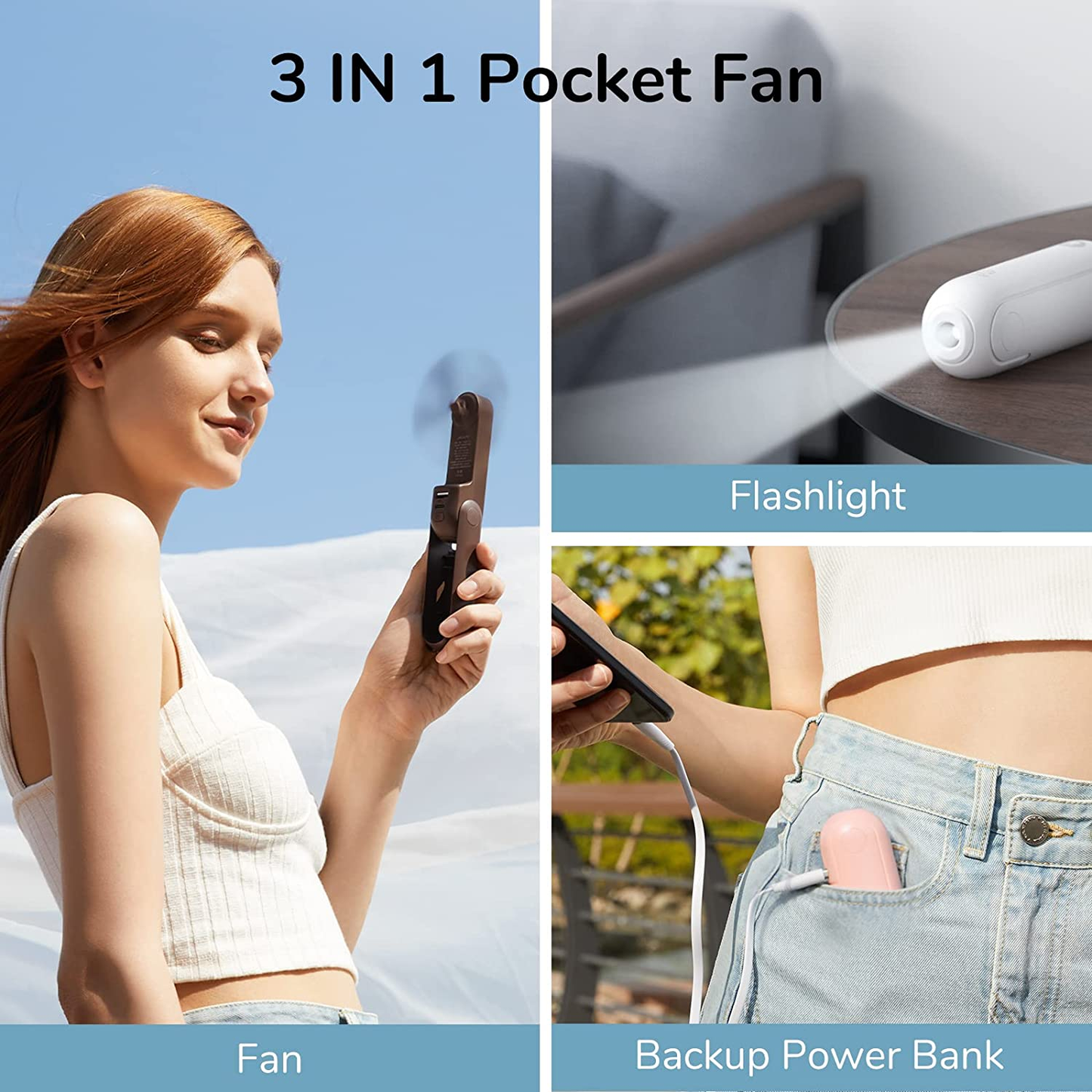 Handheld Mini Fan, 3 in 1 Hand Fan, Portable USB Rechargeable Small Pocket Fan, Battery Operated Fan [14-21 Working Hours] with Power Bank, Flashlight Feature for Women,Travel,Outdoor-Brown