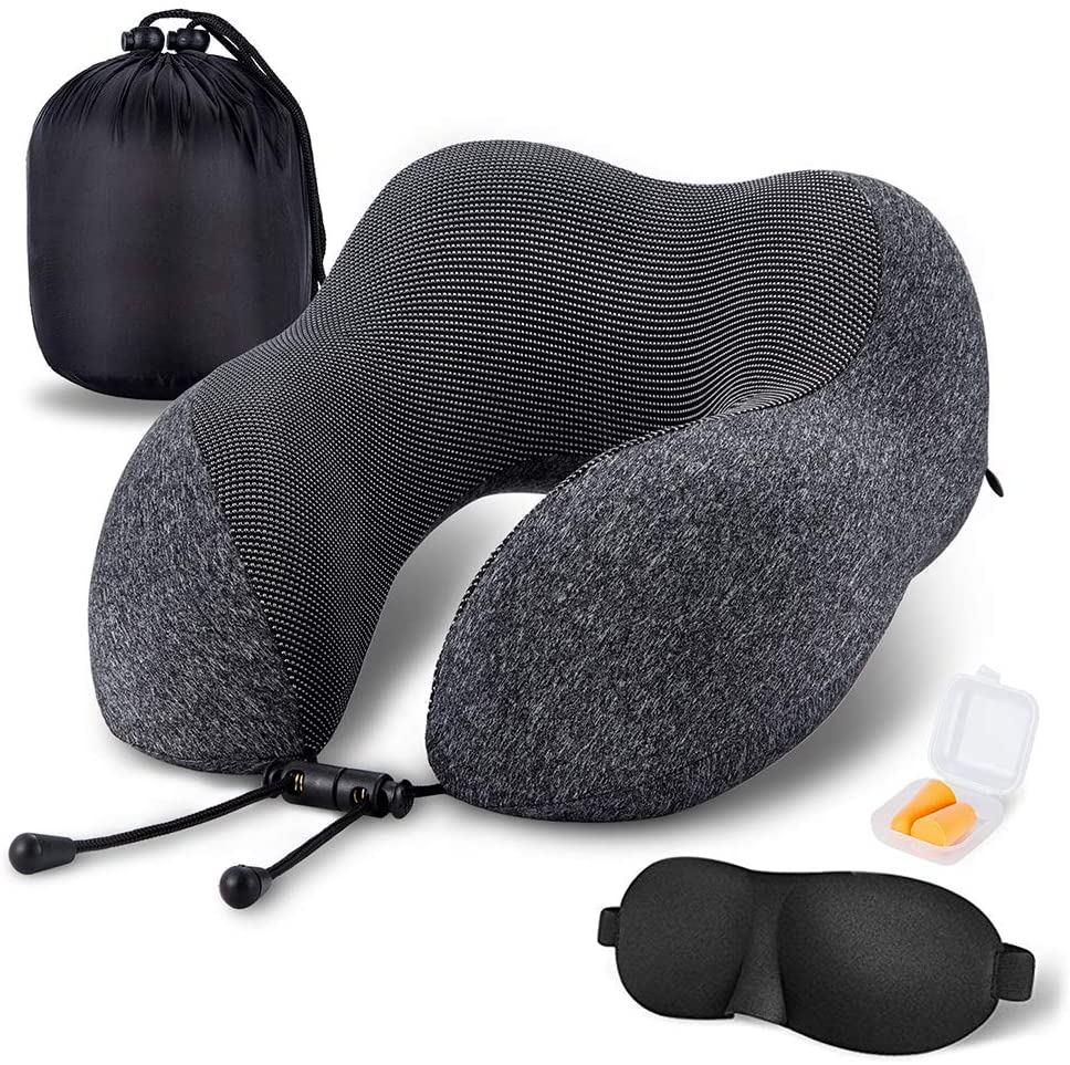 Travel Pillow 100% Pure Memory Foam Neck Pillow, Comfortable & Breathable Cover, Machine Washable, Airplane Travel Kit with 3D Contoured Eye Masks, Earplugs, and Luxury Bag, Standard (Black)