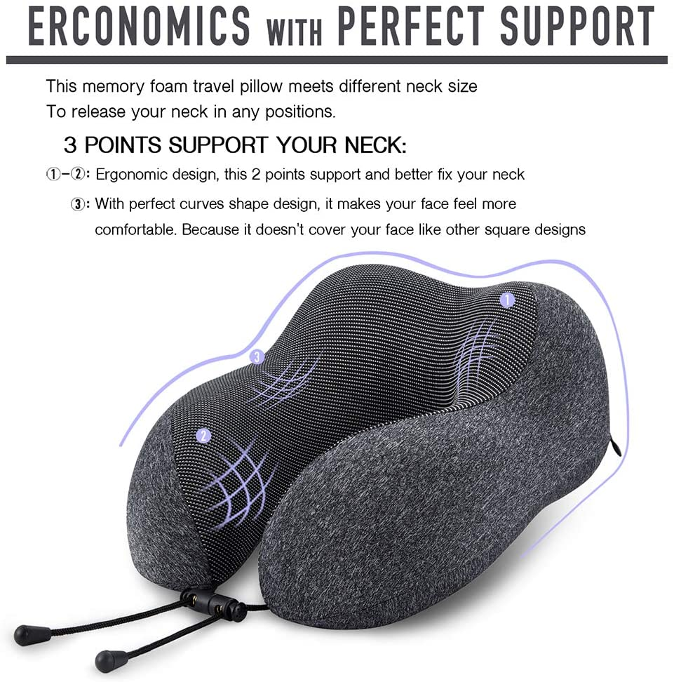  Travel Pillow 100% Pure Memory Foam Neck Pillow, Comfortable & Breathable Cover, Machine Washable, Airplane Travel Kit with 3D Contoured Eye Masks, Earplugs, and Luxury Bag, Standard (Black)