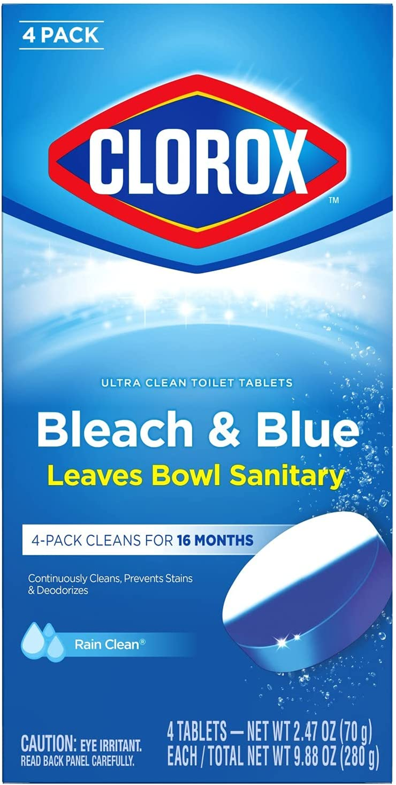 Ultra Clean Toilet Tablets Bleach & Blue, Rain Clean Scent 2.47 Ounces Each, 4 Count (Package May Vary)