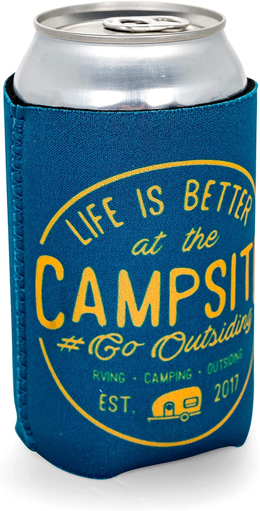 Life Is Better at the Campsite Sleeve – Neoprene Soda or Beer Coolie, Fits 12 Oz. Cans, Navy Blue and Gold Seal – (53247)