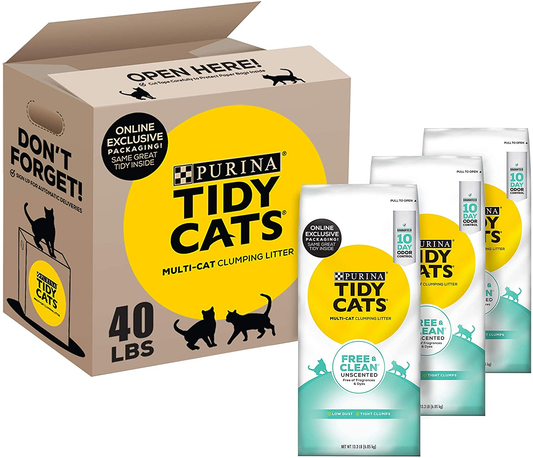 Tidy Cats Unscented Cat Litter, Free & Clean Clumping Clay Cat Litter, Recyclable Box - (3) 13.33 Lb. Bags