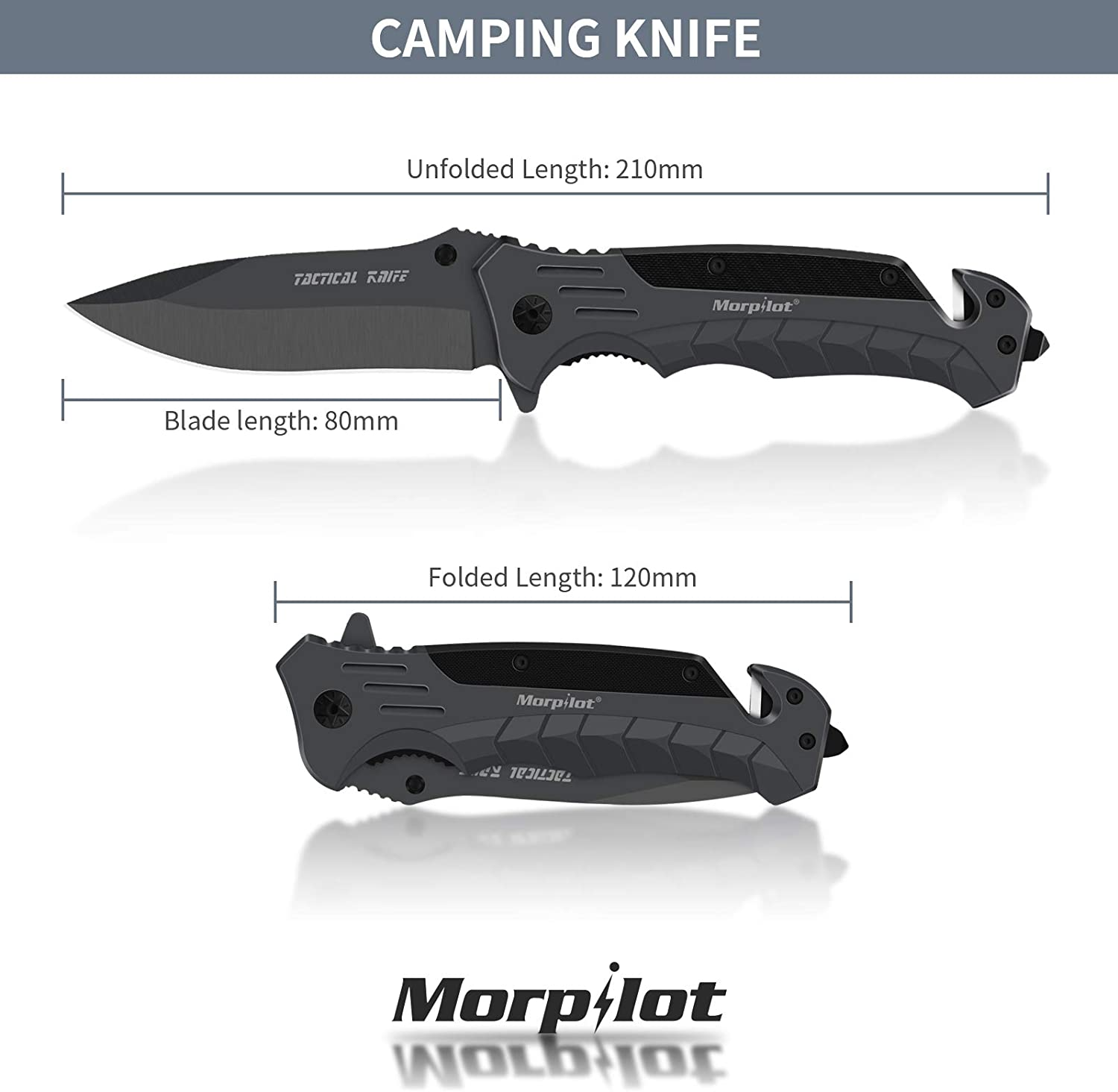 Morpilot Pocket Knife 4 in 1 Folding Knife with Glass Breaker and Cutter Belt, 58HRC Stainless Steel, Quick Release Button Ergonomic Handle Suitable for Camping Picnic Hunting Emergencies Man'S Gift