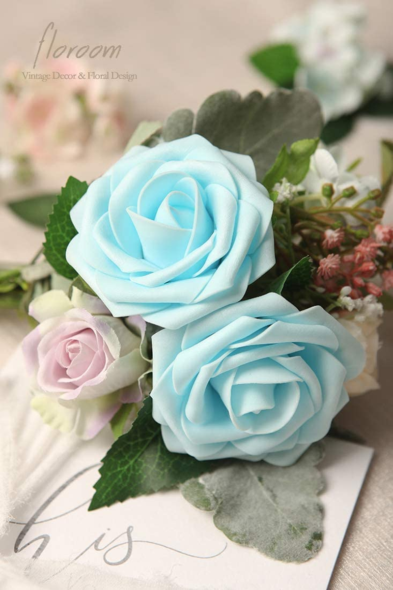 Artificial Flowers 25Pcs Real Looking Aqua Blue Foam Fake Roses with Stems for DIY Wedding Bouquets Baby Shower Centerpieces Floral Arrangements Party Tables Home Decorations
