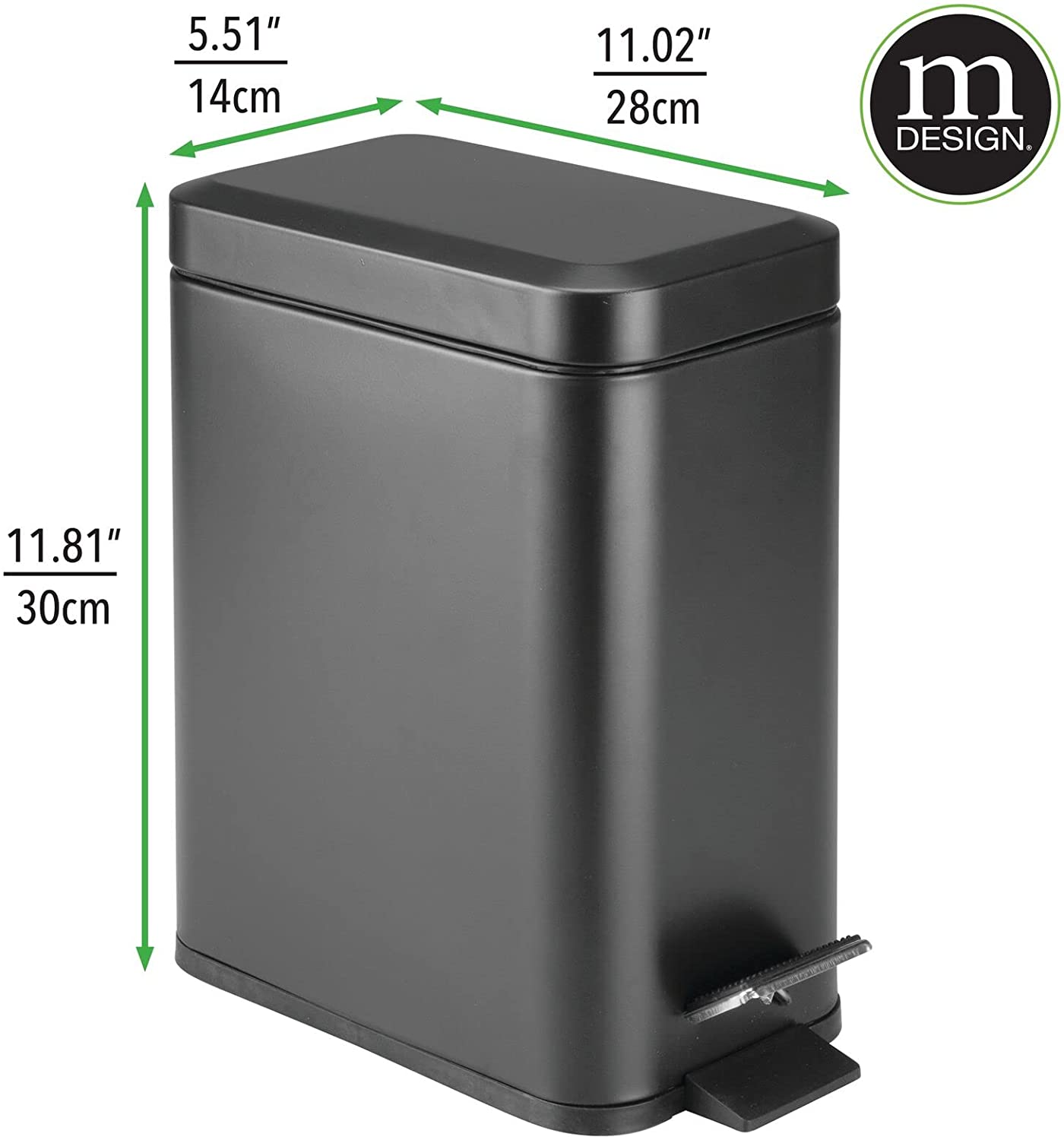 Mdesign Small Modern 1.3 Gallon Rectangle Metal Lidded Step Trash Can, Compact Garbage Bin with Removable Liner Bucket and Handle for Bathroom, Kitchen, Craft Room, Office, Garage - Black
