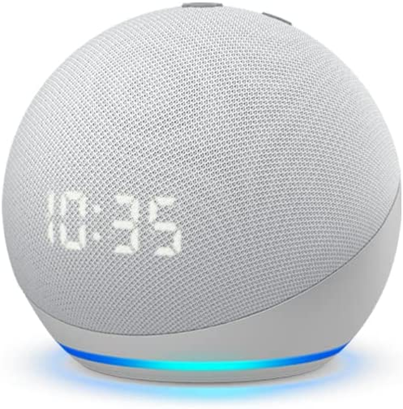 Echo Dot (4Th Gen) with Clock | Smart Bedside Speaker with Bluetooth and Alexa | Glacier White