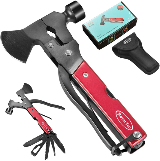 Camping Accessories Gear Tools Multitool Hatchet Survival Gear Axe Unique Gifts for Men Dad Husband 14 in 1 Multi Tool Axe Saw Knife Hammer Pliers Screwdrivers Bottle Opener Durable Sheath