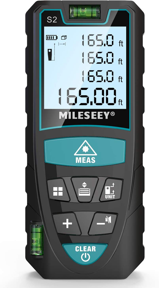 Laser Measure, Mileseey by  165 Feet Digital Laser Distance Meter with 2 Bubble Levels,M/In/Ft Unit Switching Backlit LCD and Pythagorean Mode, Measure Distance, Area and Volume (165 Feet)