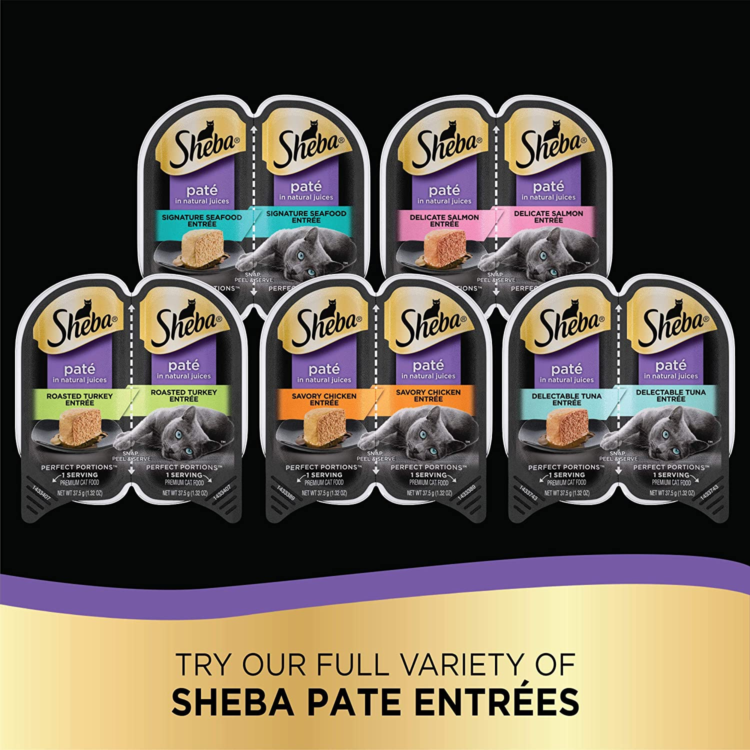 SHEBA PERFECT PORTIONS Wet Cat Food Paté in Natural Juices Savory Chicken, Roasted Turkey, & Tender Beef Entrées Variety Pack, (24) 2.6 Oz. Twin-Pack Trays