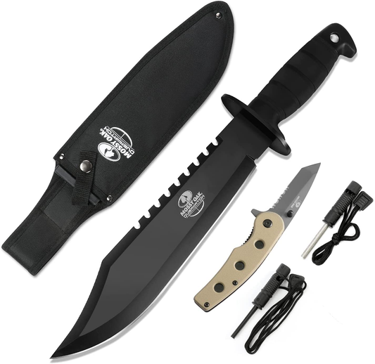 Mossy Oak 15-Inch Survival Bowie Knife & Folding Pocket Knife, Fixed Blade Hunting Knife with Sheath, Sharpener and Fire Starter Inculded, Tactical Bowie Knife for Camping, Hunting,Outdoor