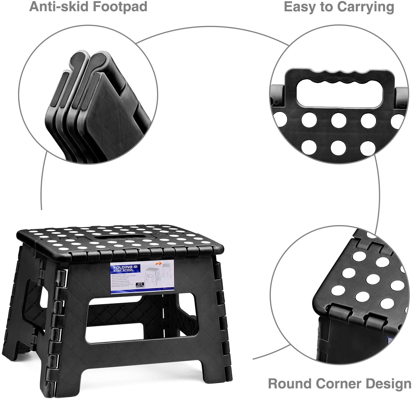 Folding Step Stool 9'' Tall Kids Step Stool Holds up to 300 Lb Plastic Foldable Step Stools for Adults Non-Slip Surface with Carry Handle Collapsible Stool for Home and Outdoor(Black)