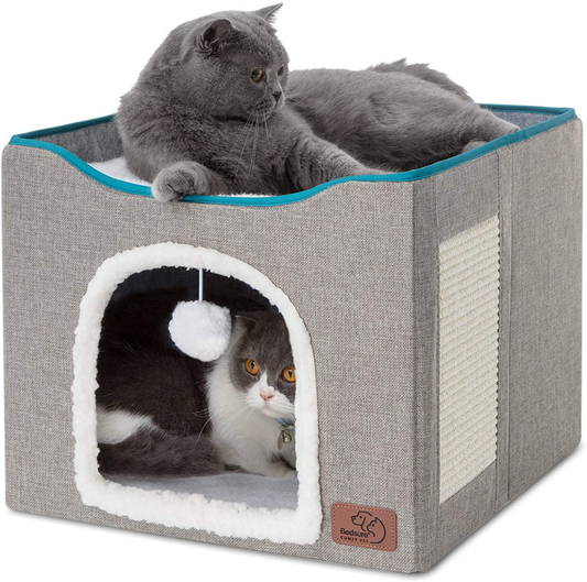 Bedsure Cat Beds for Indoor Cats - Large Cat House for Pet Cat Cave with Cat Scratch Pad and Fluffy Ball Hanging, Foldable Cat Hidewawy,16.5X16.5X14 Inches