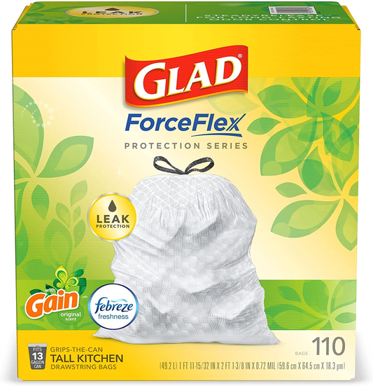 Glad Forceflex Protection Series Tall Trash Bags, 13 Gal, Gain Original with Febreze, 110 Ct (Package May Vary)
