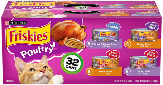 Purina Friskies Gravy Wet Cat Food Variety Pack, Poultry Shreds, Meaty Bits & Prime Filets - (32) 5.5 Oz. Cans
