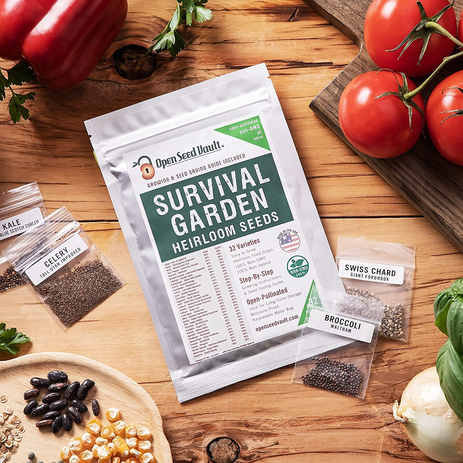 (32) Variety Pack Survival Gear Food Seeds | 15,000 Non GMO Heirloom Seeds for Planting Vegetables and Fruits. Survival Food for Your Survival Kit, Gardening Gifts & Emergency Supplies | Garden Vegetable Seeds. by Open Seed Vault