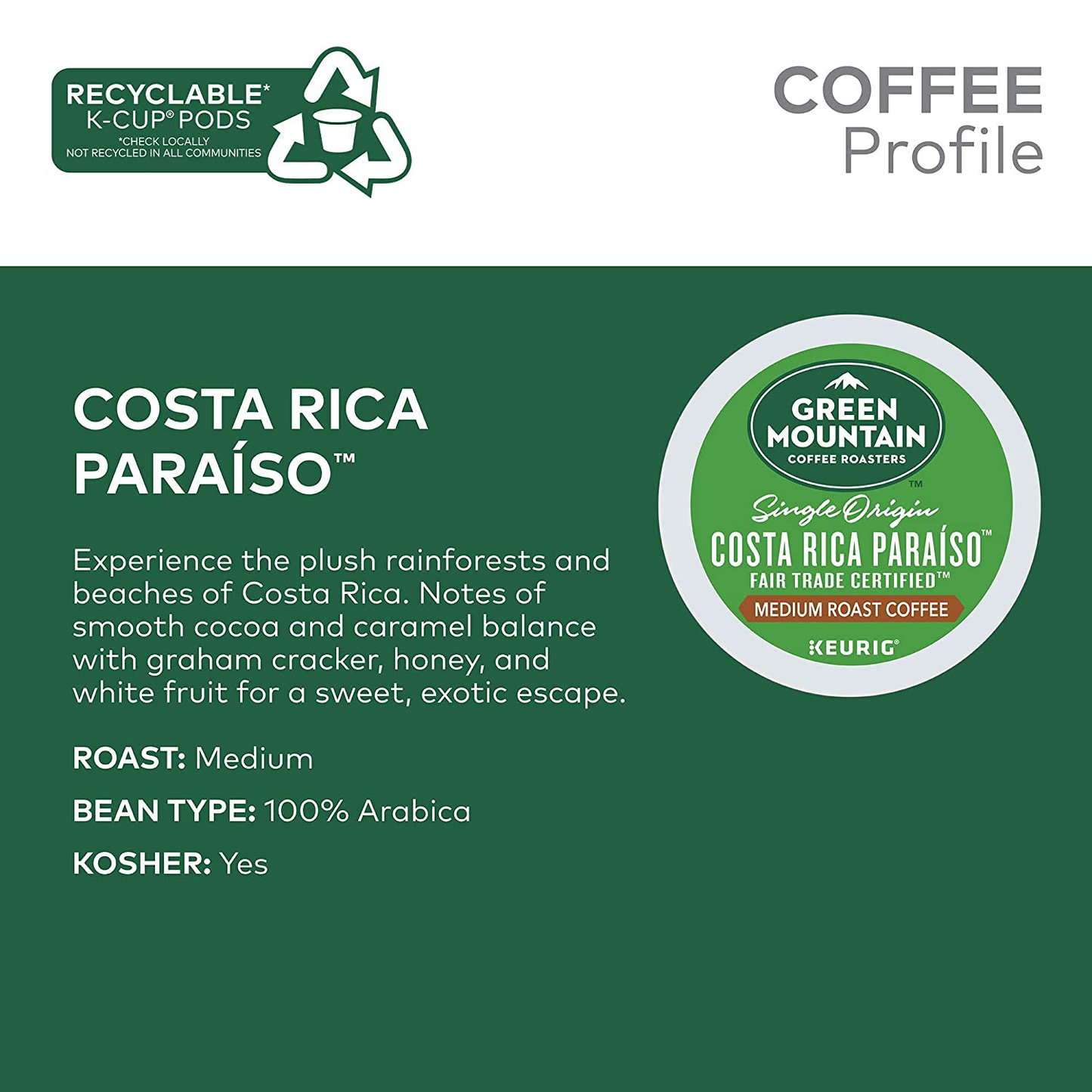 Costa Rica Paraiso, Single-Serve Keurig K-Cup Pods, Medium Roast Coffee Pods, 12 Count (Pack of 6)