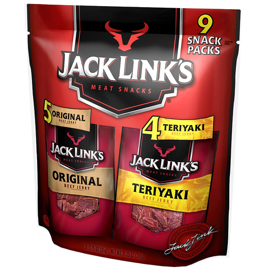 Jack Link'S Beef Jerky Variety Pack Includes Original and Teriyaki Beef Jerky, 13G of Protein per Serving, 94 Percent Fat Free, No Added MSG**, (9 Count of 1.25 Oz Bags) 11.25 Oz