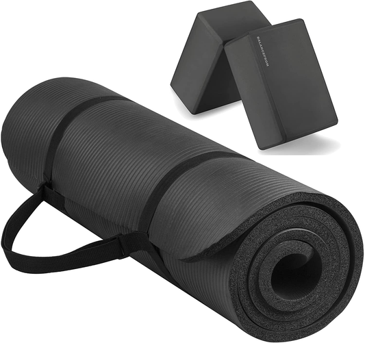 Balancefrom Goyoga All-Purpose 1/2-Inch Extra Thick High Density Anti-Tear Exercise Yoga Mat with Carrying Strap and Yoga Blocks