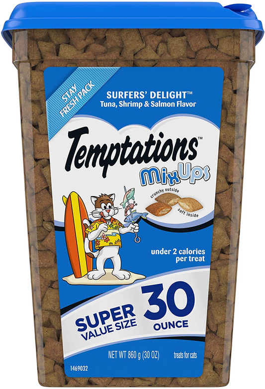 Temptations Mixups Crunchy and Soft Cat Treats, Surfer'S Delight Flavor,Tuna, Shrimp, Salmon, 30 Ounce, 1.87 Pound (Pack of 1). Tub