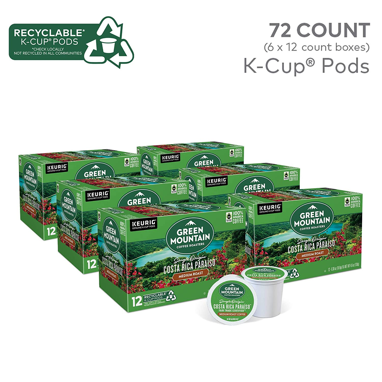 Costa Rica Paraiso, Single-Serve Keurig K-Cup Pods, Medium Roast Coffee Pods, 12 Count (Pack of 6)