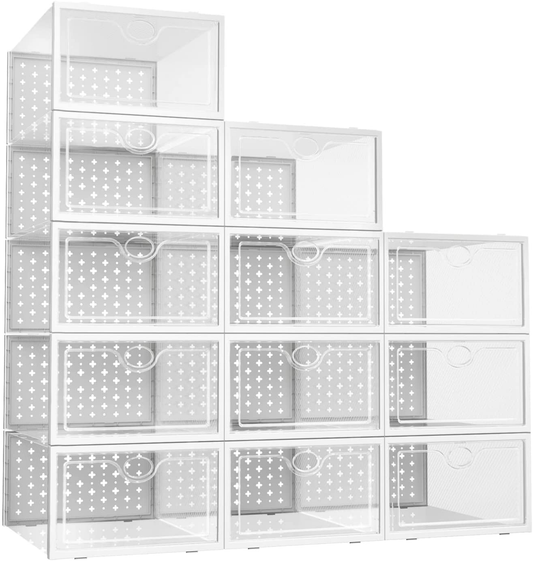 12 Pack Shoe Storage Boxes, Shoe Organizer for Closet Clear, Shoe Boxes Clear Plastic Stackable, Foldable Sneaker Storage Containers