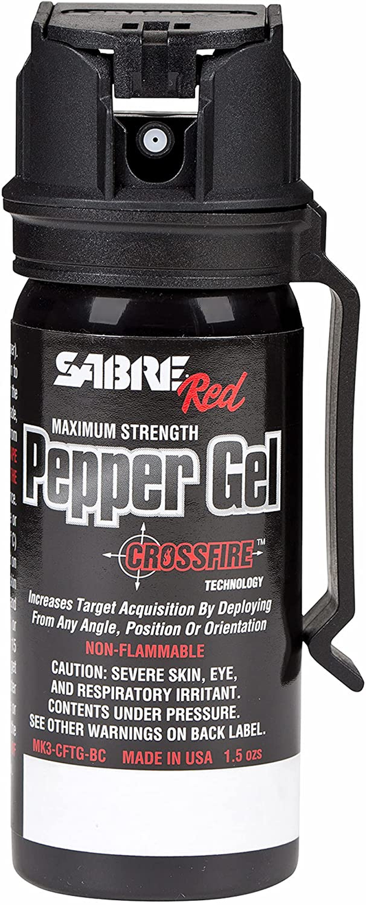 SABRE Crossfire Pepper Gel, Maximizes Target Acquisition, Deploys at Any Angle, 18 Bursts of Maximum Police Strength OC Spray, 18-Foot Range, Gel Is Safer, Belt Clip for Quick Access to Protection
