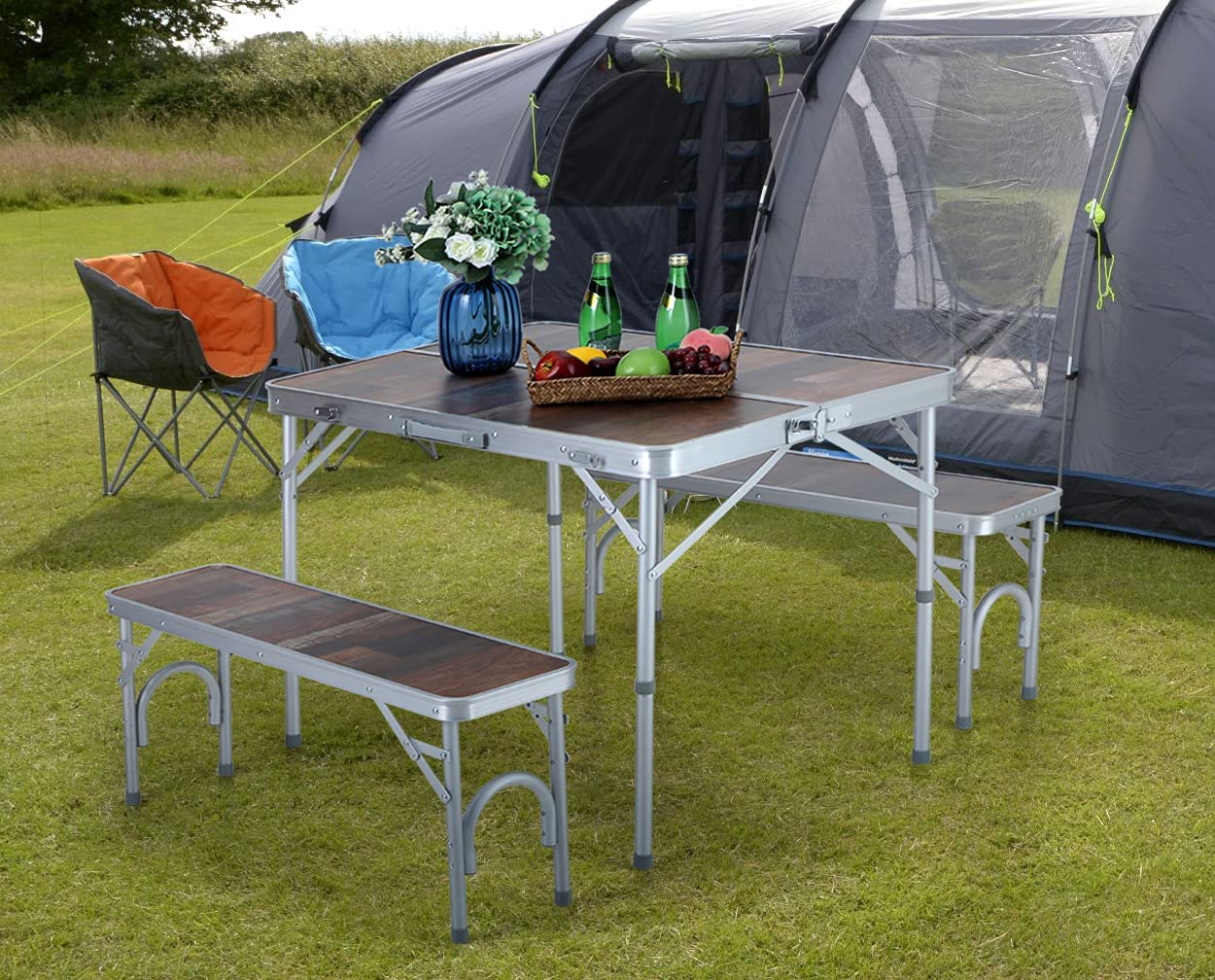 3PCS Folding Table and Benches Set 4FT Aluminum Camping Table Portable Picnic Dining Table Lightweight Folding Card Table W/Handle for Indoor Outdoor Patio Backyard Party