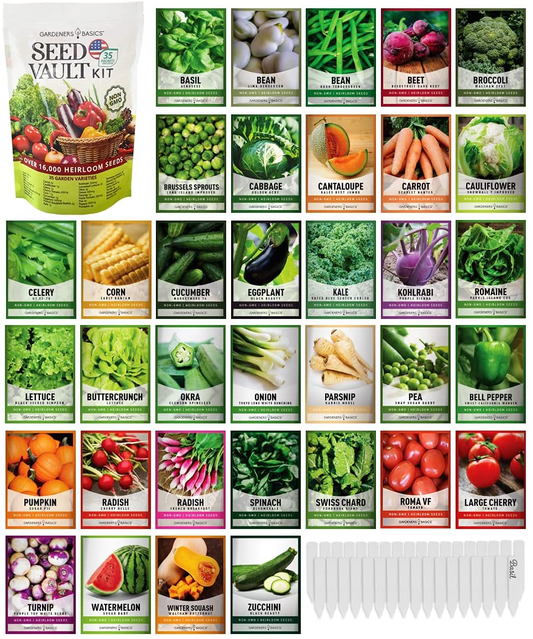 Survival Vegetable Seeds Garden Kit over 16,000 Seeds Non-Gmo and Heirloom, Great for Emergency Bugout Survival Gear 35 Varieties Seeds for Planting Vegetables 35 Free Plant Markers Gardeners Basics