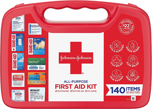 Band-Aid Johnson & Johnson All-Purpose Portable Compact First Aid Kit for Minor Cuts, Scrapes, Sprains & Burns, Ideal for Home, Car, Travel and Outdoor Emergencies, 140 Count
