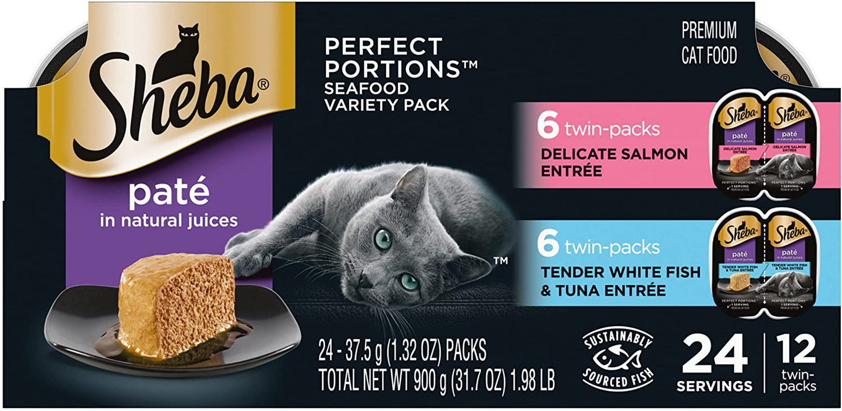 SHEBA PERFECT PORTIONS Wet Cat Food Paté in Natural Juices Savory Chicken, Roasted Turkey, & Tender Beef Entrées Variety Pack, (24) 2.6 Oz. Twin-Pack Trays