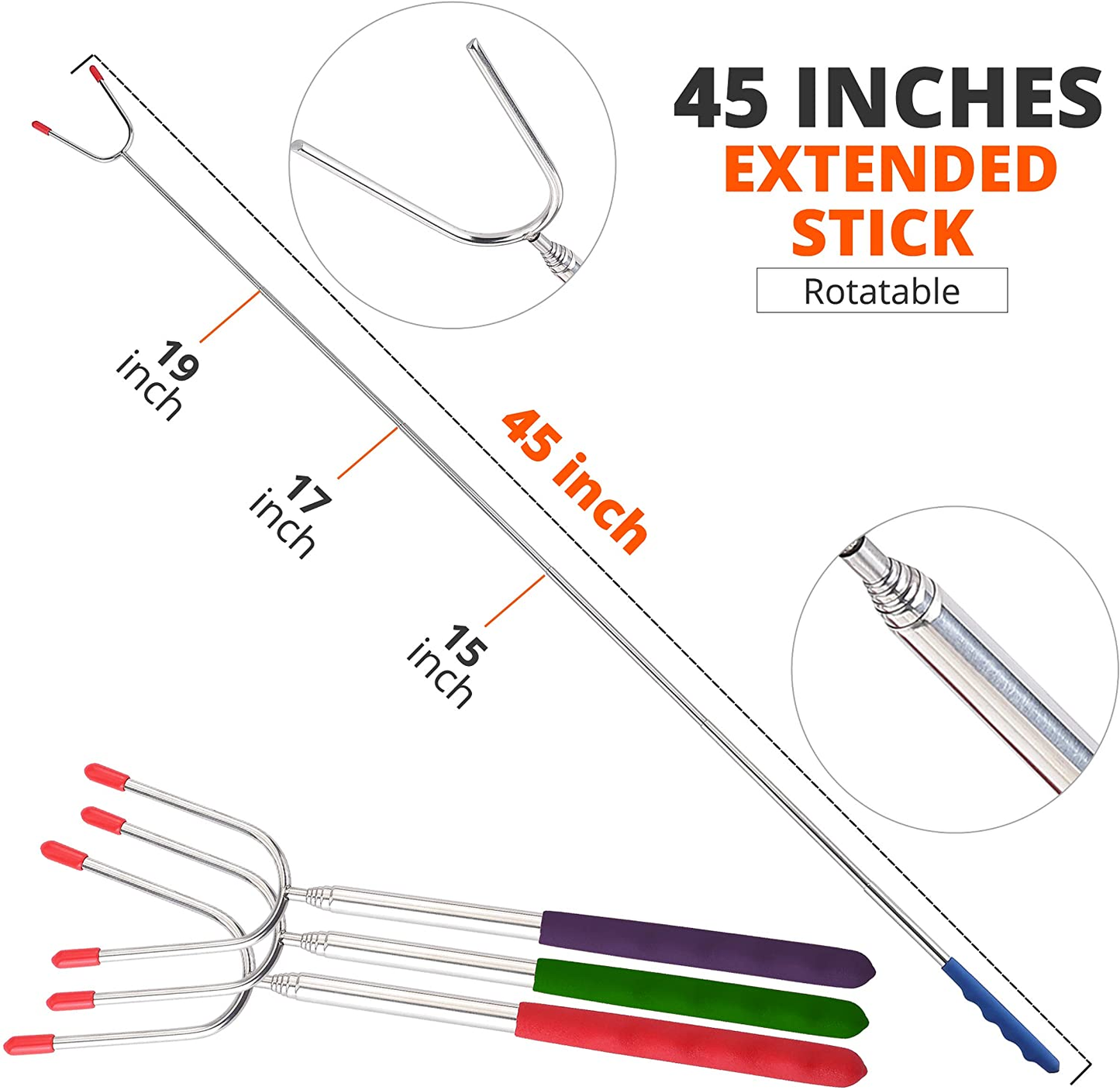Marshmallow Roasting Sticks for Fire Pit- Extra Long 45 Inches- Pack of 4 Extendable Forks- Telescoping Smores Sticks, Stainless Steel Hot Dog Sticks for Campfire, Fire Pit Tools for Camping