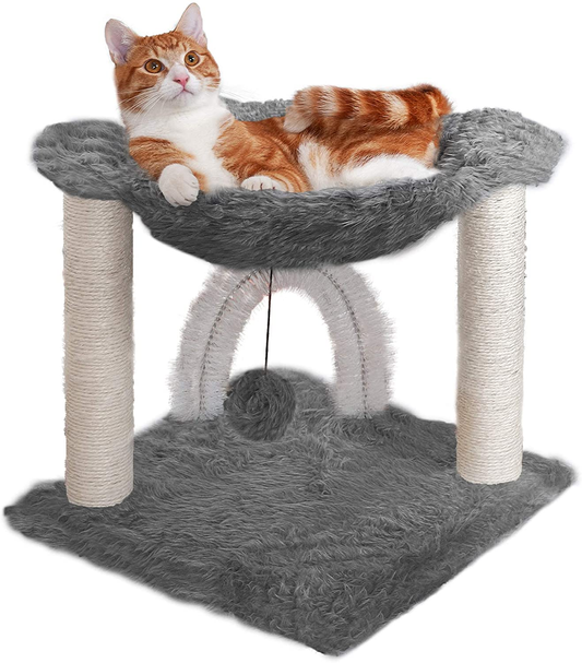 Furhaven Pet Furniture for Cats and Kittens - Tiger Tough Small Cat Tree Hammock Playground with Toys and Self-Grooming Archway, Silver, One Size