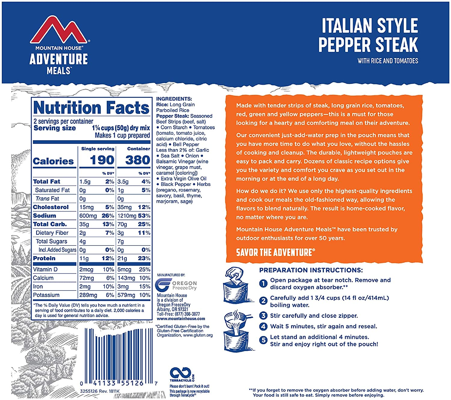 Mountain House Italian Style Pepper Steak | Freeze Dried Backpacking & Camping Food | Survival & Emergency Food | Gluten-Free