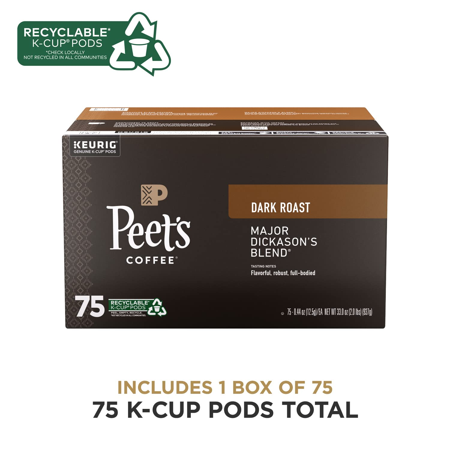 , Dark Roast K-Cup Pods for Keurig Brewers - Major Dickason'S Blend 75 Count (1 Box of 75 K-Cup Pods) Packaging May Vary