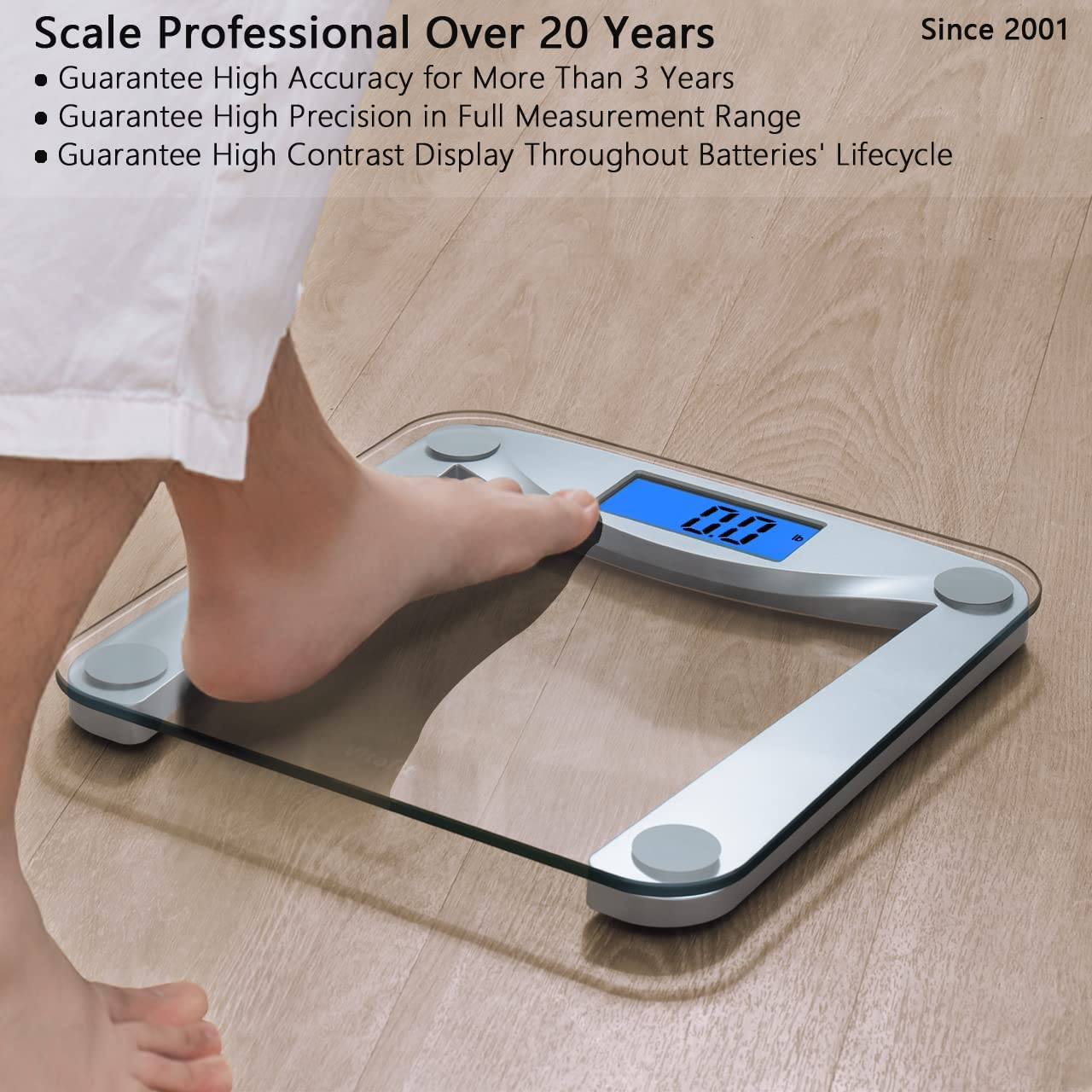  Digital Body Weight Bathroom Scale Weighing Scale with Step-On Technology,Extra Large Blue Backlit Display and Batteries Included, 400 Pounds,Clear Glass