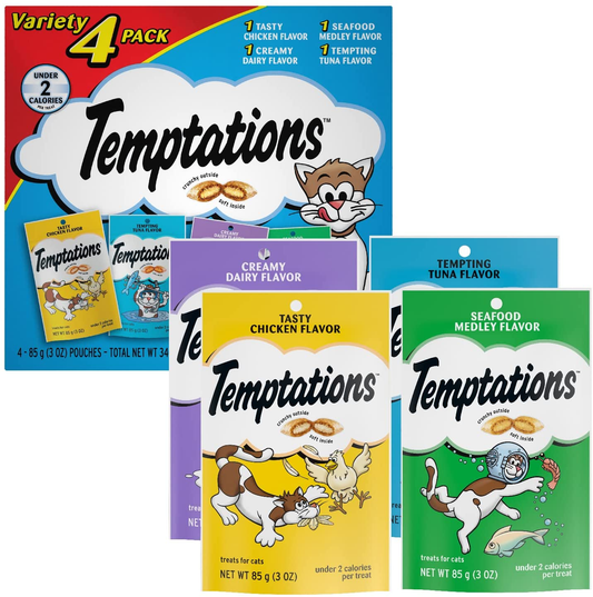 TEMPTATIONS Classic Crunchy and Soft Cat Treats Feline Favorite Variety Pack, (4) 3 Oz. Pouches