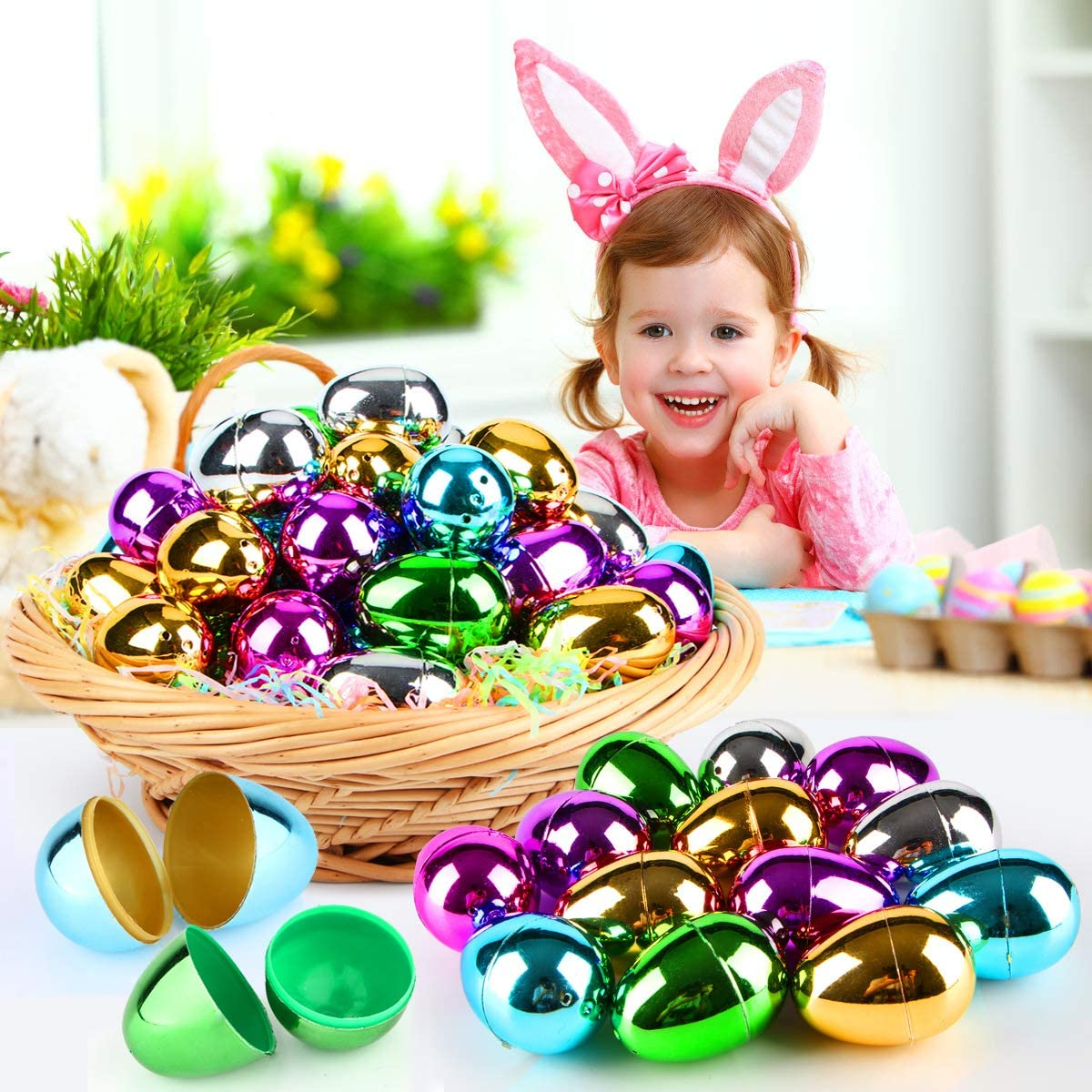 48 PCS Plastic Easter Eggs, Easter Basket Stuffers for Toddler Kids Baby Boys Girls Teens, Plastic Easter Eggs Fillable, Gold Easter Egg, Metallic Easter Egg