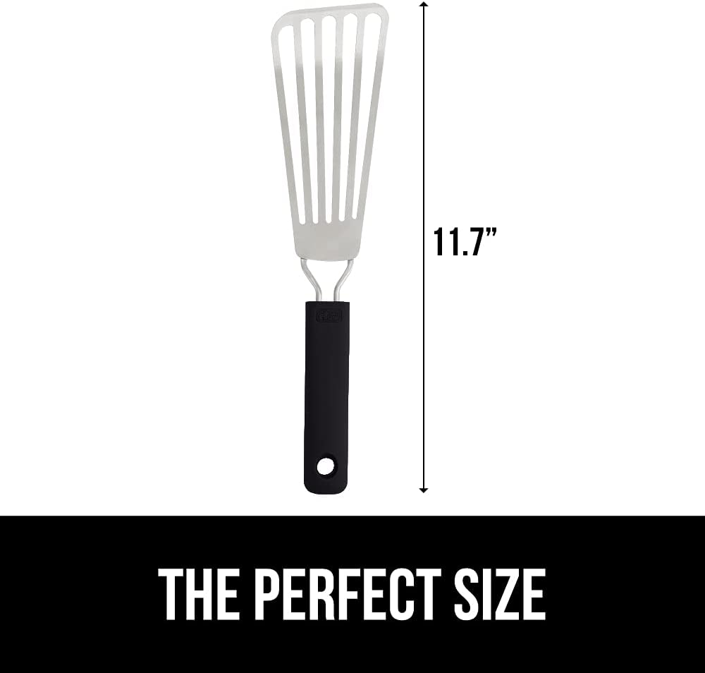 Flexible Oversized Slotted Spatula, Stainless Steel Slots for Grease Drain, Rust Resistant, Soft Touch Turner for Fish Fillets, Beveled Edge Glides under Fried Food, 11.7 X 2.7, Black