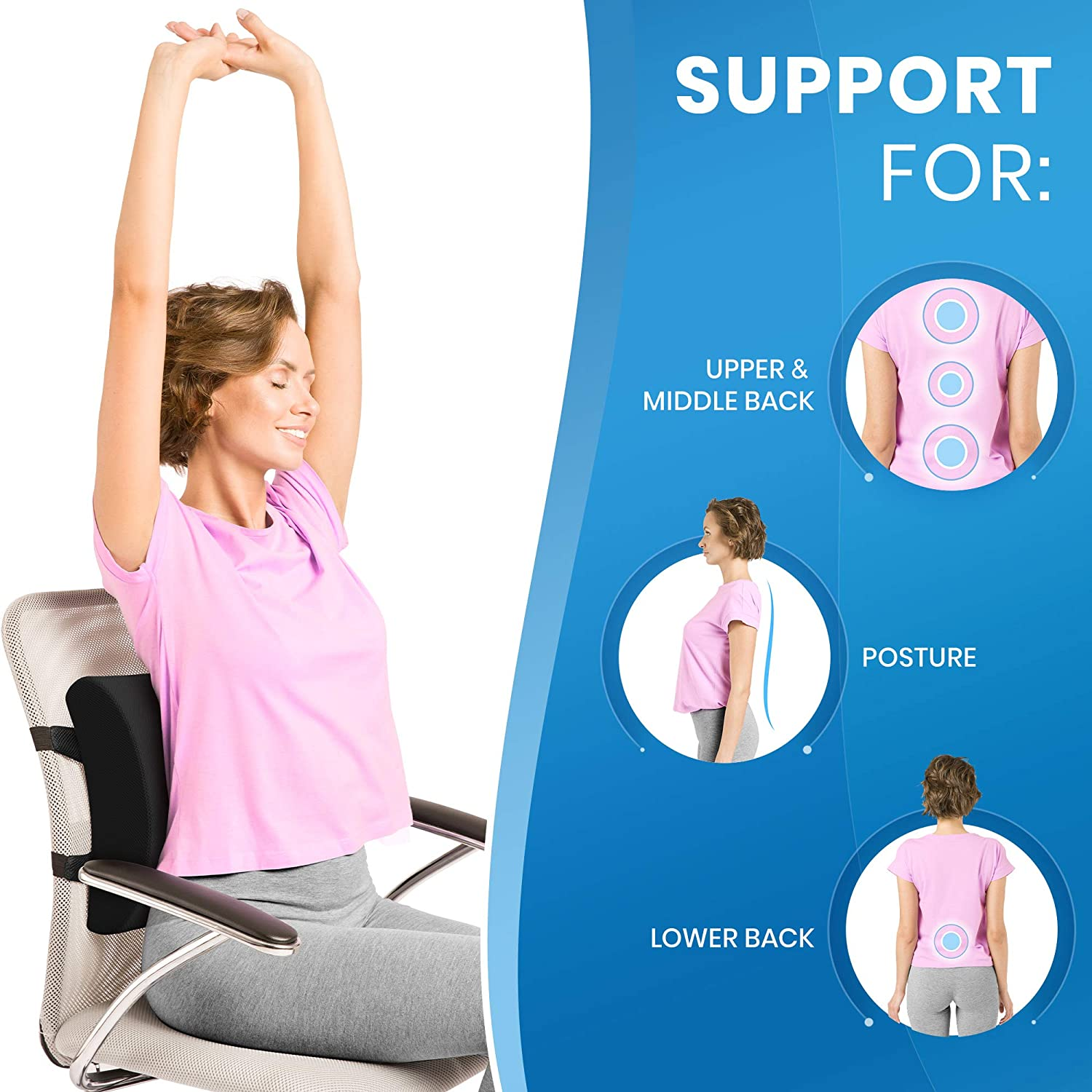  Lumbar Support Pillow for Office Chair Back - Improve Posture While Sitting - Memory Foam Cushion Design for Computer Desk, Car, Gaming, Couch, Recliner