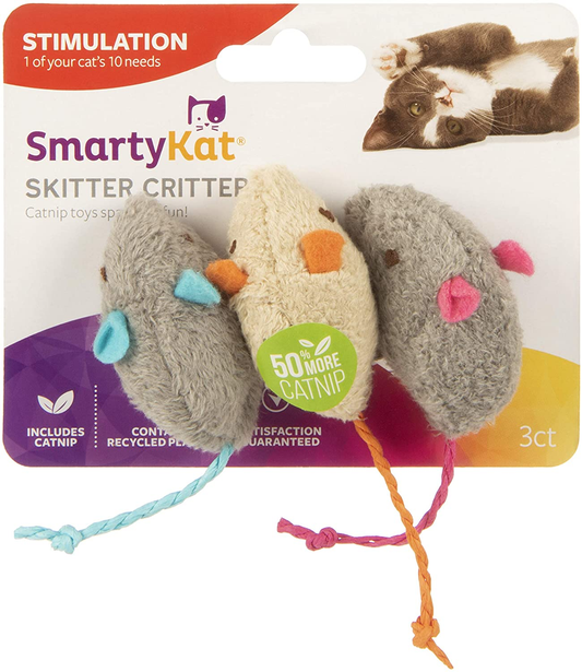 Smartykat Skitter Critters Cat Toy Catnip Mice, 3/Pkg, Gray, Beige (39384)