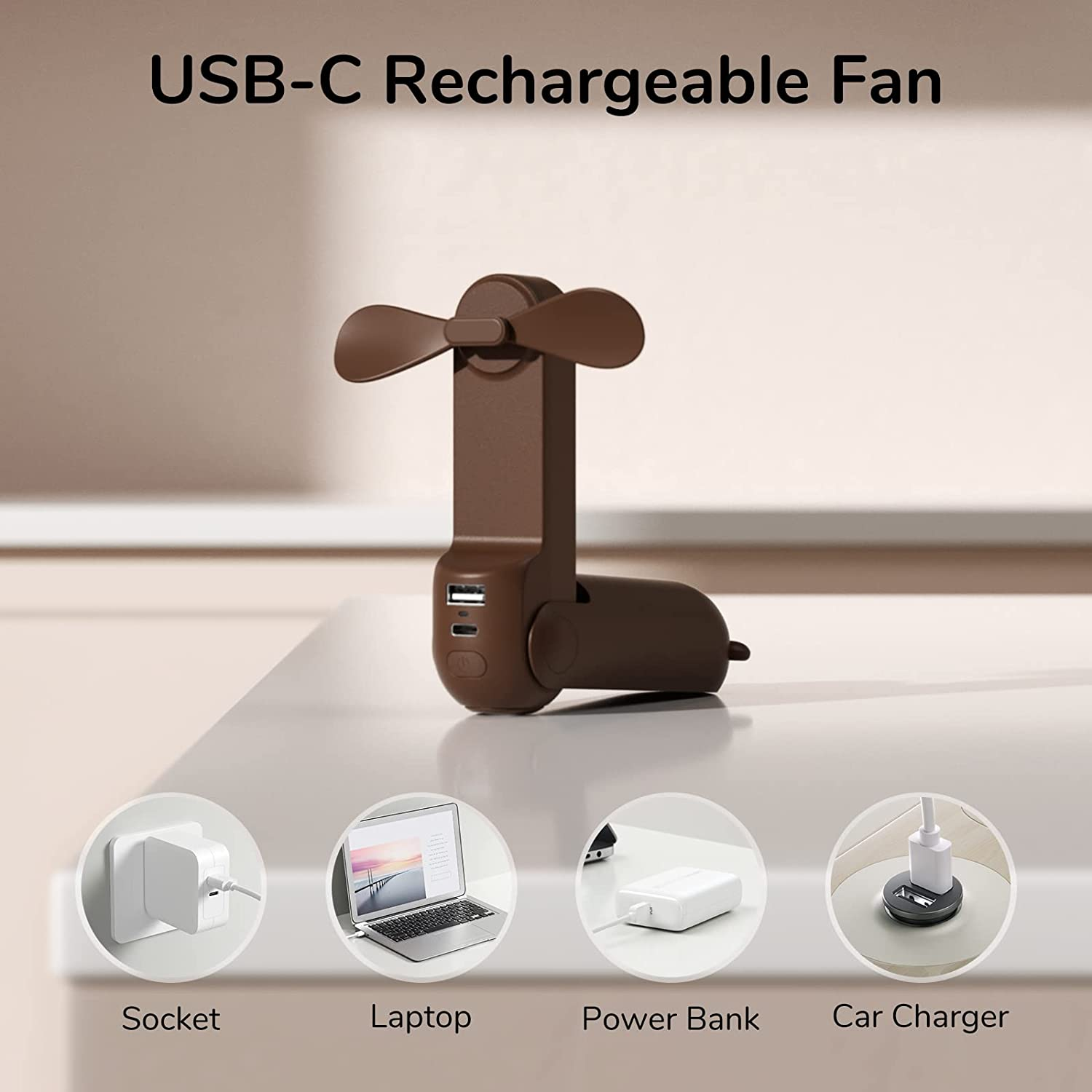 Handheld Mini Fan, 3 in 1 Hand Fan, Portable USB Rechargeable Small Pocket Fan, Battery Operated Fan [14-21 Working Hours] with Power Bank, Flashlight Feature for Women,Travel,Outdoor-Brown