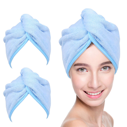 Youlertex Microfiber Hair Towel Wrap for Women, 2 Pack 10 Inch X 26 Inch, Super Absorbent Quick Dry Hair Turban for Drying Curly, Long & Thick Hair (Blue) …