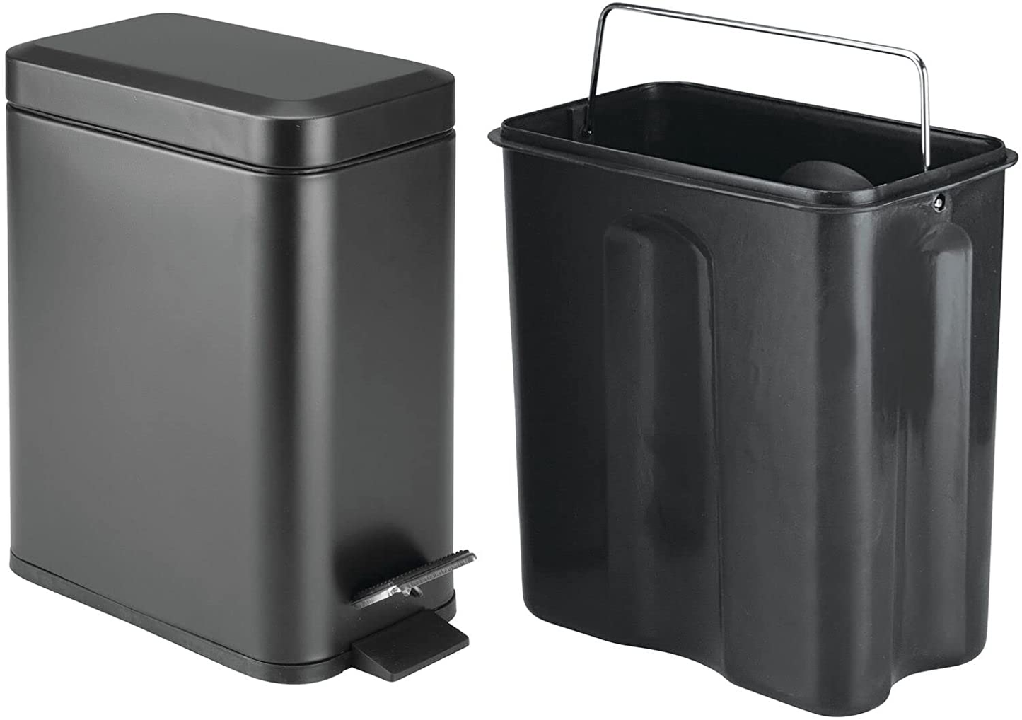Mdesign Small Modern 1.3 Gallon Rectangle Metal Lidded Step Trash Can, Compact Garbage Bin with Removable Liner Bucket and Handle for Bathroom, Kitchen, Craft Room, Office, Garage - Black