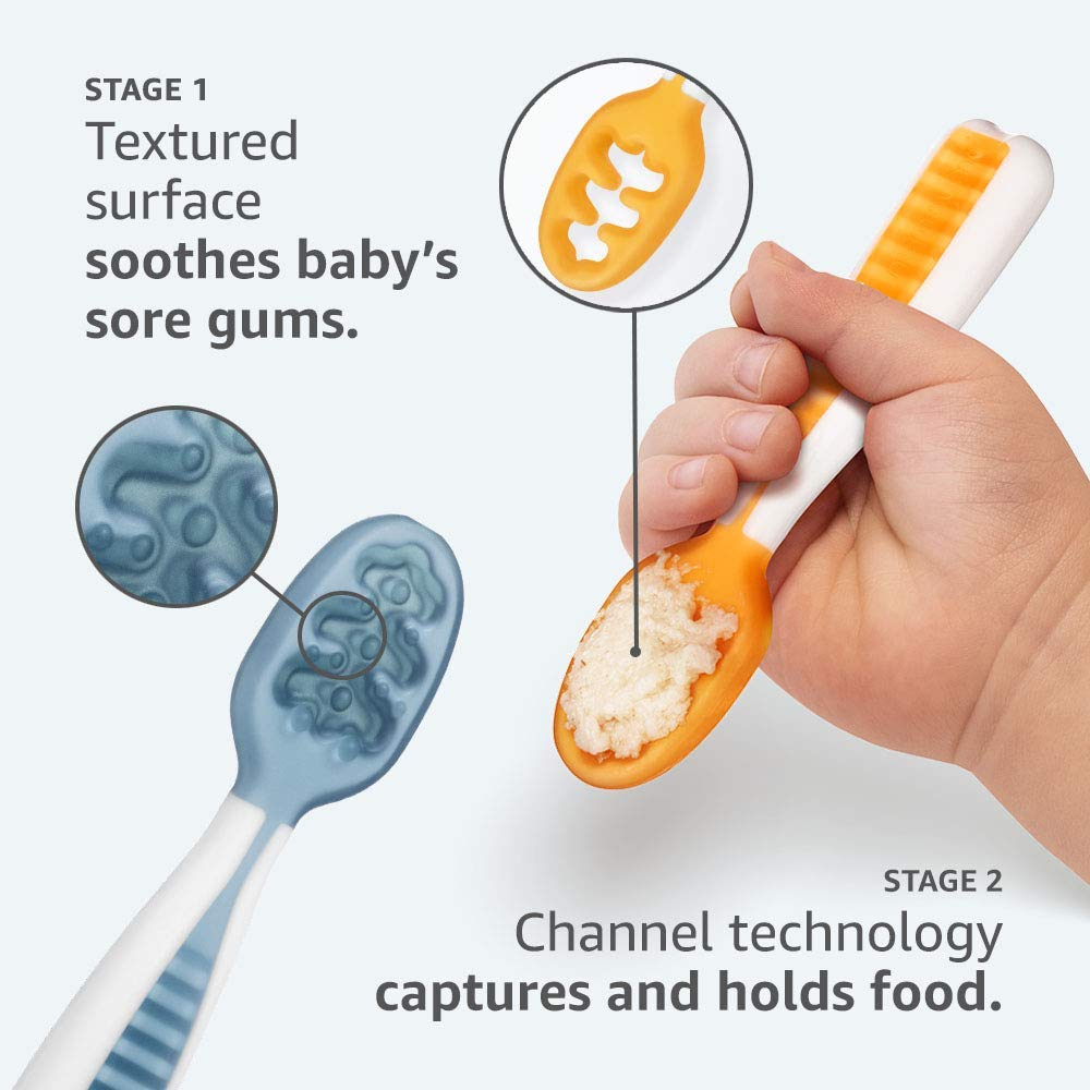Baby Spoon Set (Stage 1 + Stage 2) | BPA Free Silicone Self Feeding Toddler Utensils | Pre-Spoon for Kids Ages 6 to 18 Months, 1-Pack, Two Spoons, Blue/Orange |  Gootensils