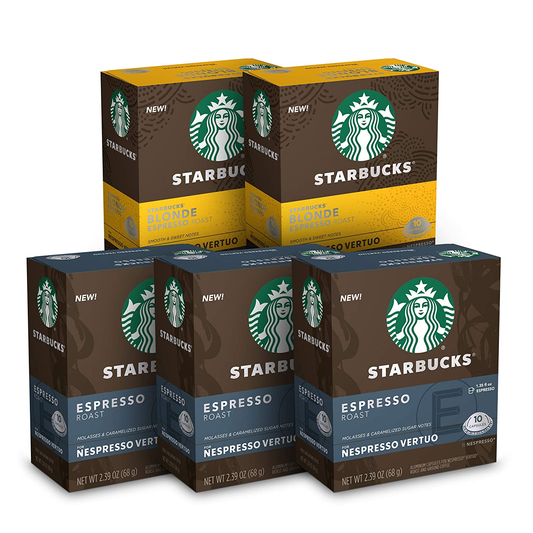 Starbucks Capsules for Nespresso Vertuo Machines — Blonde & Dark Roast Variety Pack — 5 Boxes (50 Coffee & Espresso Pods Total)