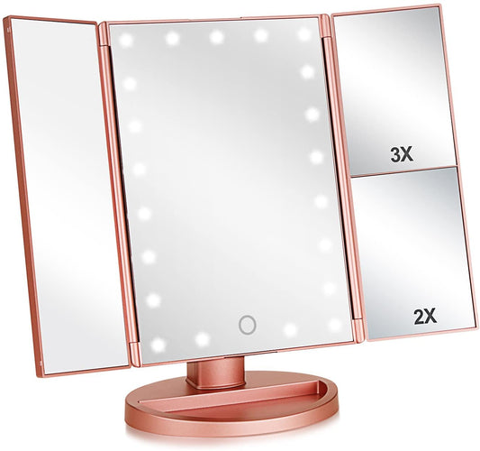 Tri-Fold Lighted Vanity Makeup Mirror with 3X/2X Magnification,21 Leds Light and Touch Screen,180 Degree Free Rotation Countertop Cosmetic Mirror,Travel Makeup Mirror (Rose Gold)